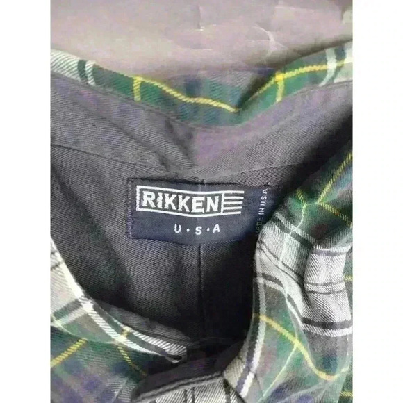 Rikken Shirt Mens Large Button cotton Plaid Front USA Made Navy Chambray - Picture 3 of 6